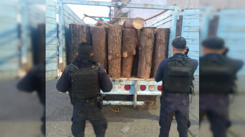 Asegura Policía Michoacán 55 rollos de madera en Uruapan