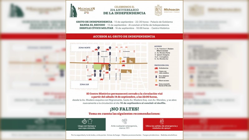 Estos son los cierres viales por las fiestas patrias en el Centro de Morelia